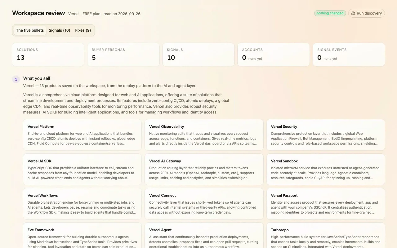 Today we're building a workspace review for anyone on our team who owns a Trayo workspace. It reads the workspace, read-only, and tells you in five bullets what's there, then ranks nine things worth fixing. Here it is on Vercel's own.