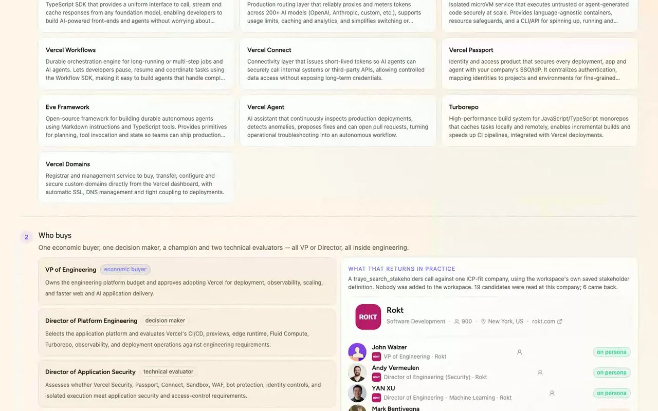 Target companies: the workspace has no accounts, so we ran Trayo's company find against the saved ICP. Eighteen real companies, nothing imported.