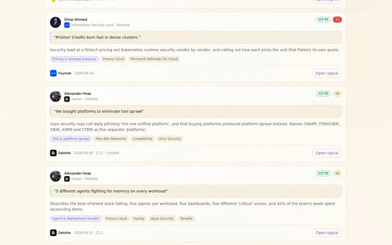 Thirteen posts from the last 30 days, each with the verbatim quote and the competitor it names.