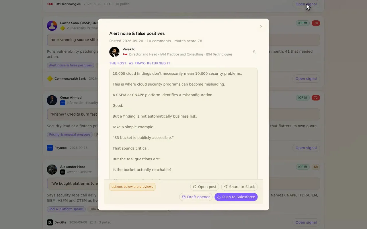 Open a card and you get the full post as Trayo returned it, plus the queries that found it.