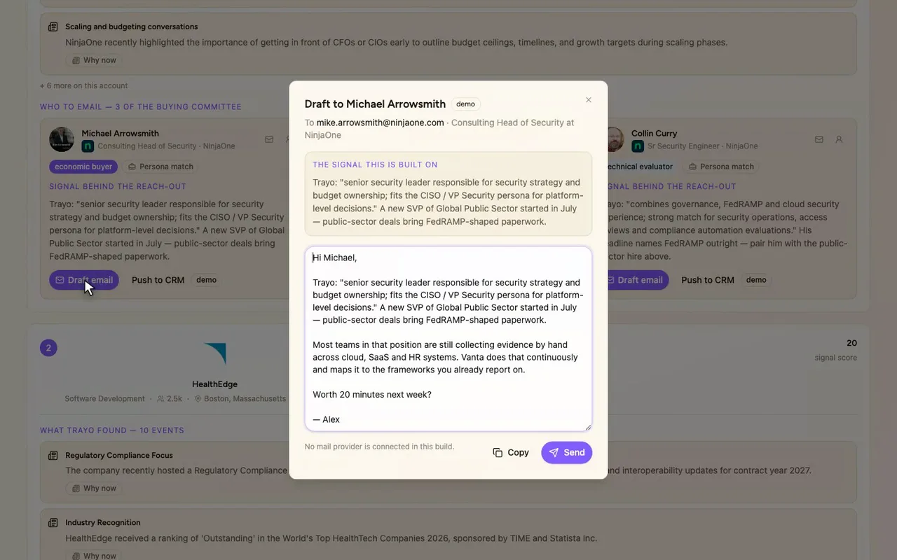 Draft email writes from that person's exact signal.