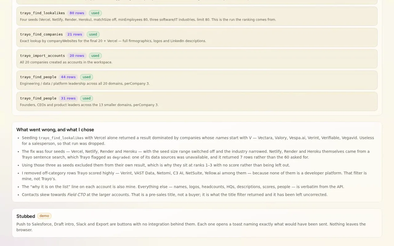 A sentence search named Heroku, Netlify, Render and Warp, but Trayo flagged it degraded: seven rows, not sixty.