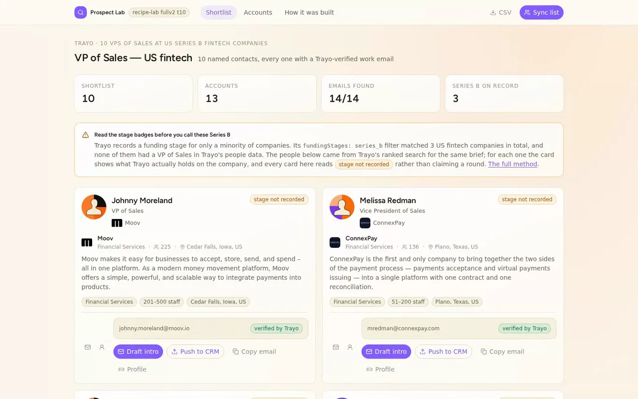 Here's the shortlist: ten VPs of Sales, each with company firmographics and a verified work email.