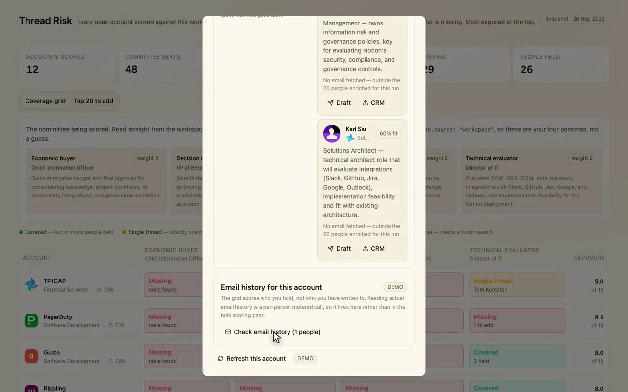 Email history stays a drill-down that states its metered cost and doesn't run.