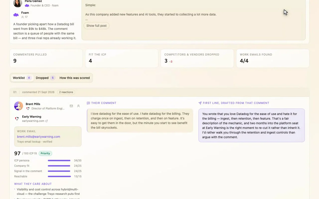 Two topic searches returned 65 posts, and we ran the two with the most comments. Trayo found them and pulled 19 commenters.