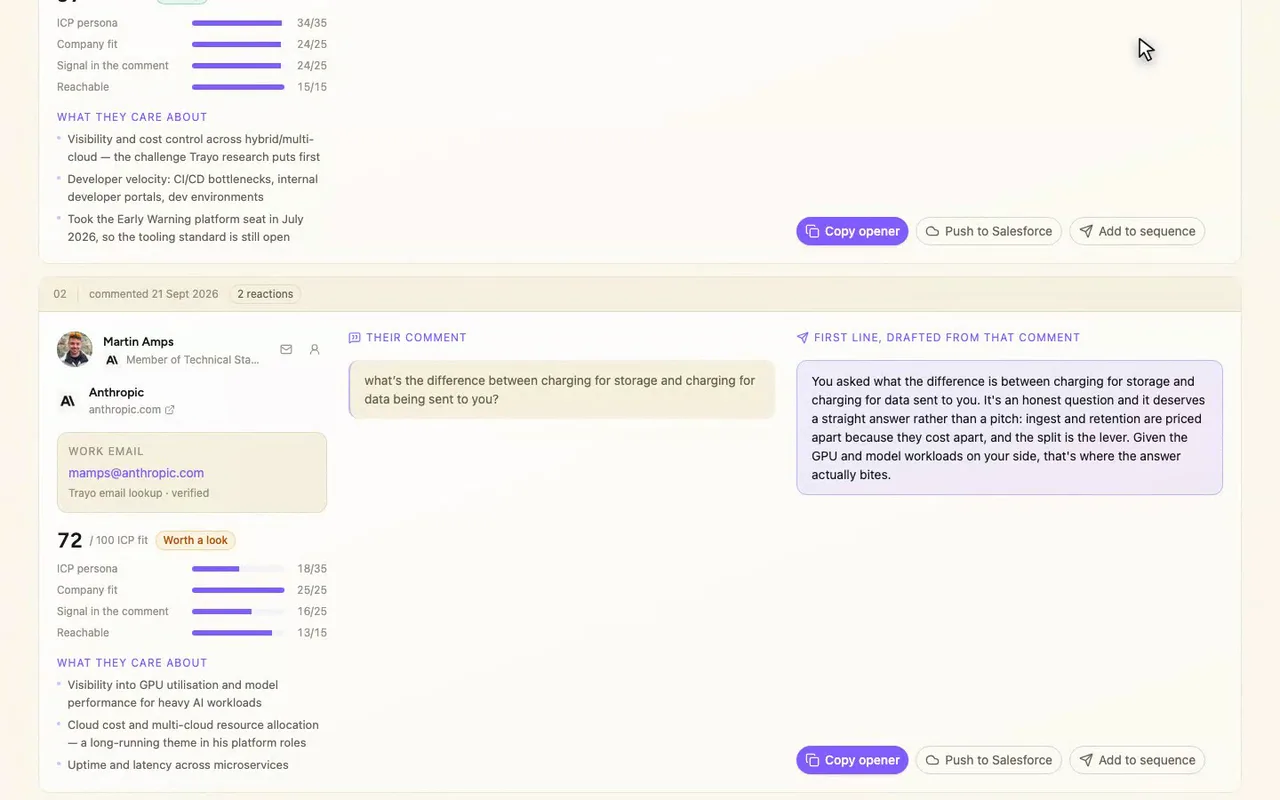 Under each comment is a first line written off that specific comment. Trayo's person research feeds the what-they-care-about lines.